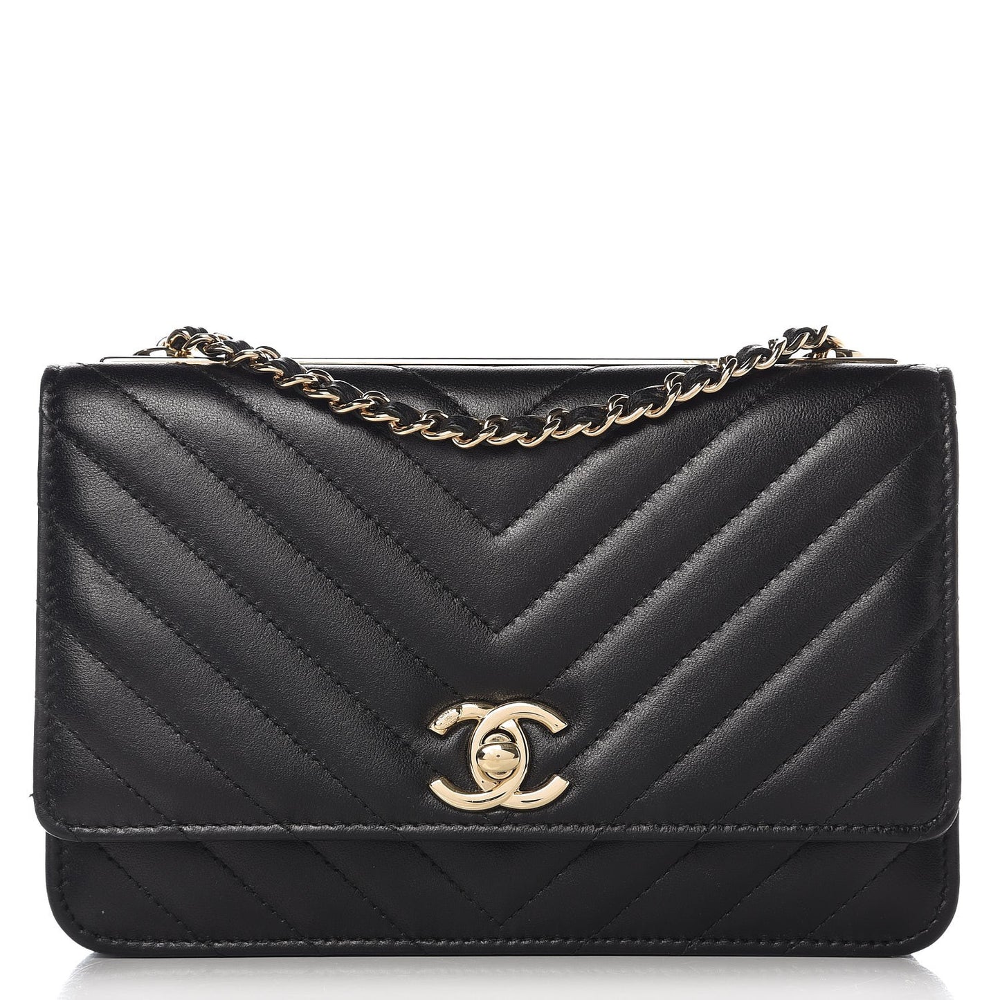 Lambskin Chevron Quilted Trendy CC Wallet On Chain WOC Black