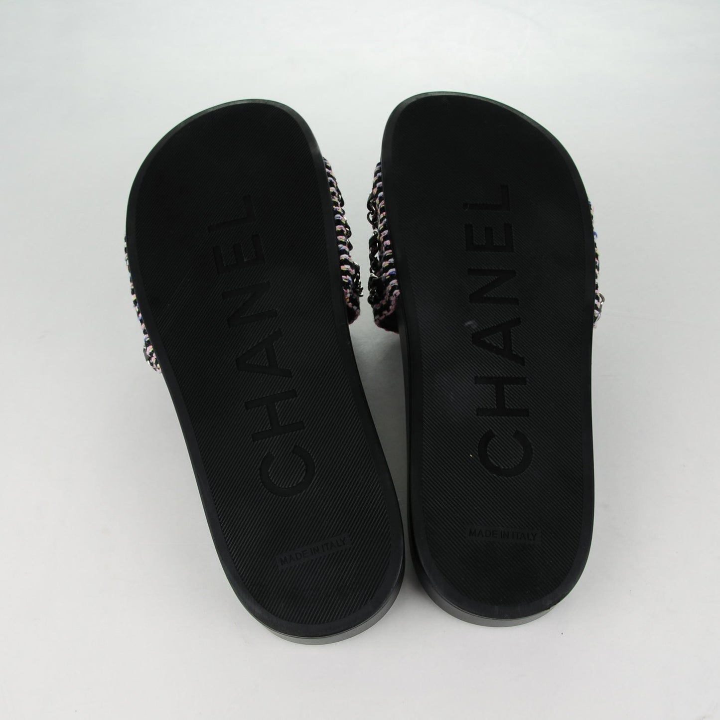 Tweed Lambskin Chain Flat Sandals Black 41 Multicolor