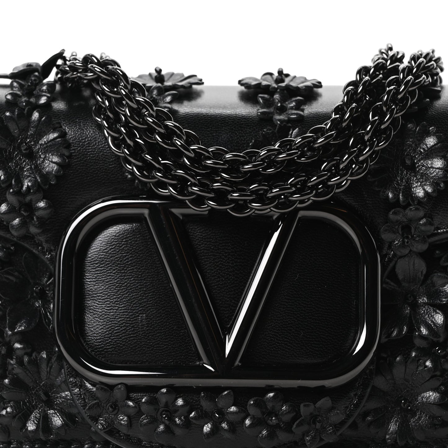Calfskin Floral Embroidered Monochrome Vlogo Small Loco Shoulder Bag Black