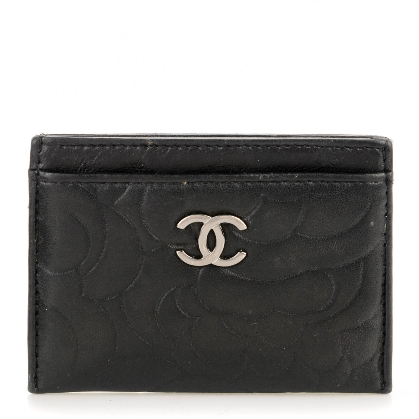 Lambskin Camellia Embossed Card Holder Black