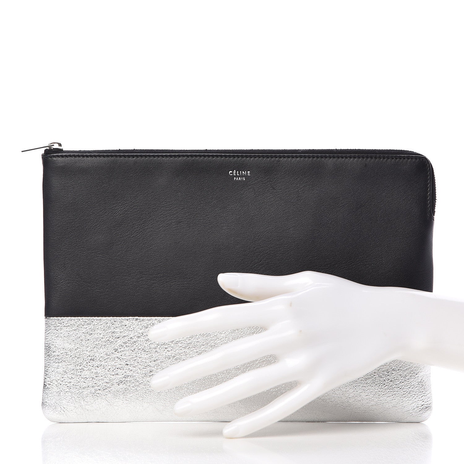 Celine Laminated Lambskin Bi-Color Solo Clutch Pouch Black Silver 2 of 12