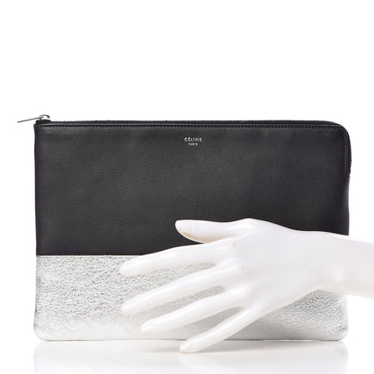 Celine Laminated Lambskin Bi-Color Solo Clutch Pouch Black Silver 2 of 12