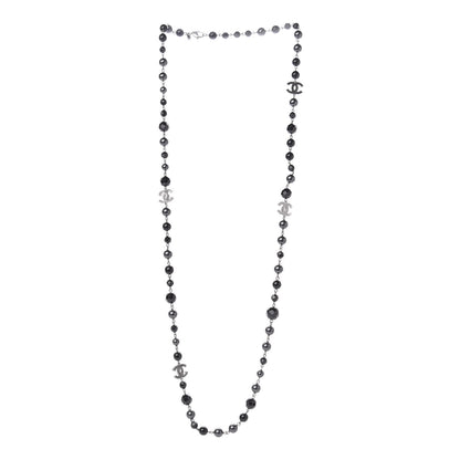 Chanel Pearl Bead Enamel CC Long Necklace Silver Black Grey 2 of 5