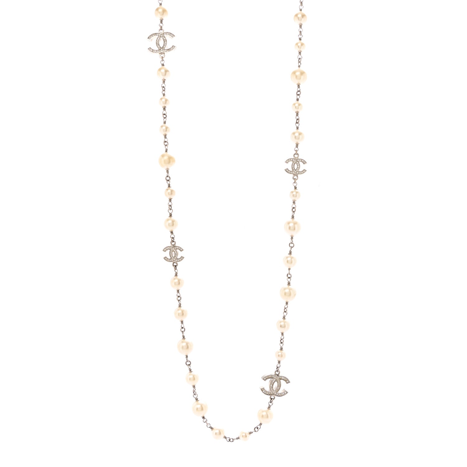 Chanel Graduated Pearl Crystal CC Long Necklace Silver 1 of 7