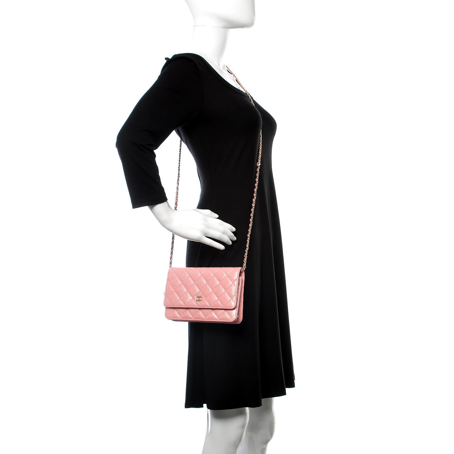 Iridescent Caviar Quilted Wallet on Chain WOC Rose Pink