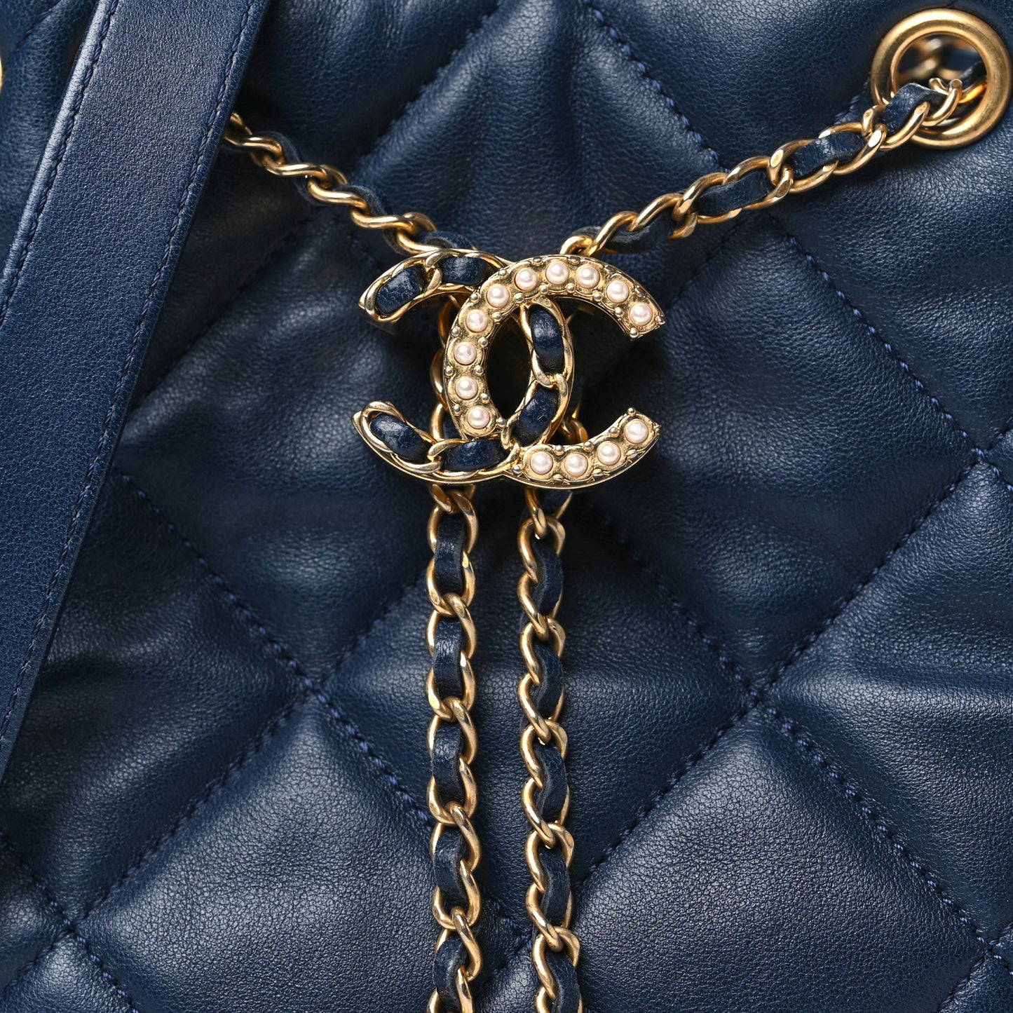 Lambskin Quilted Crush on Chains Drawstring Bucket Bag Hobo Navy