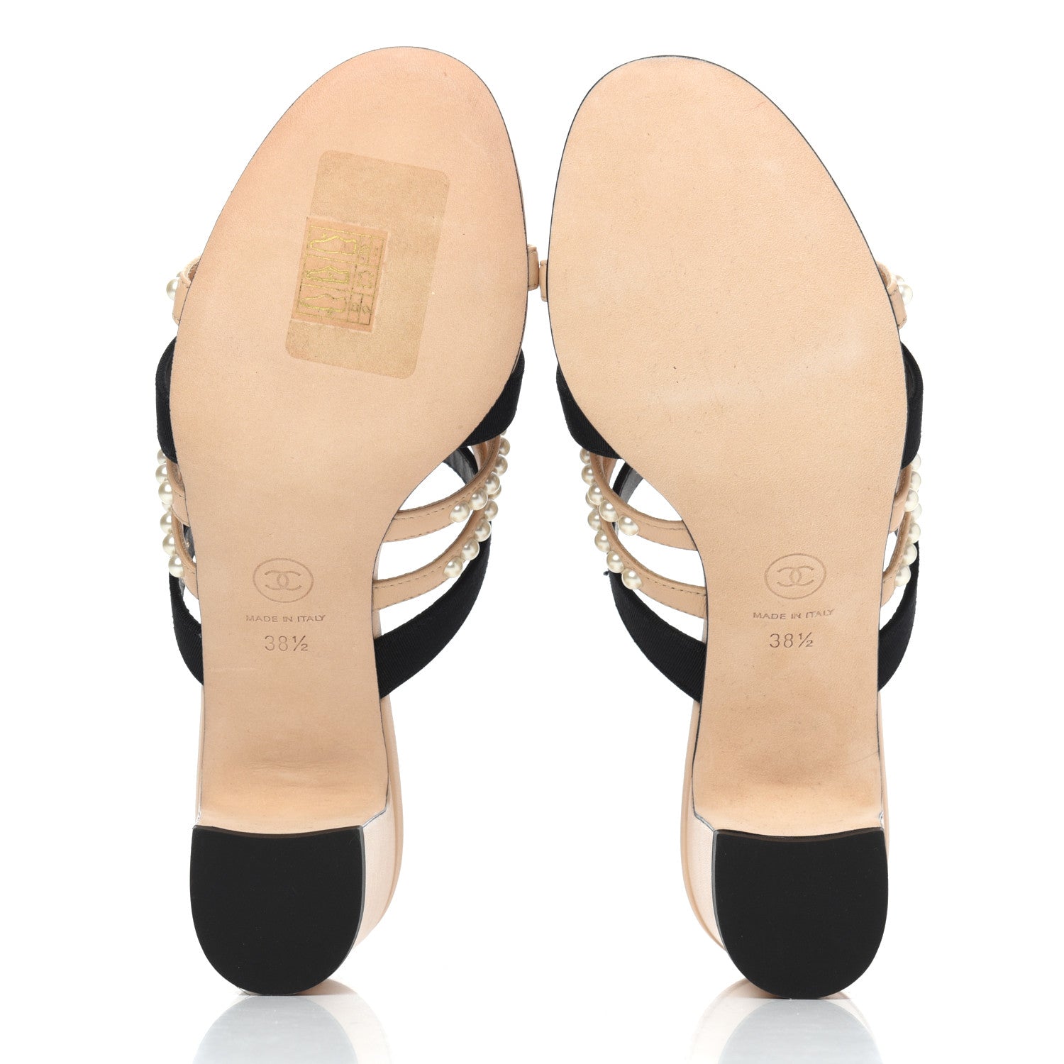 Chanel Lambskin Grosgrain Pearl Mules 38.5 Beige Black 5 of 11