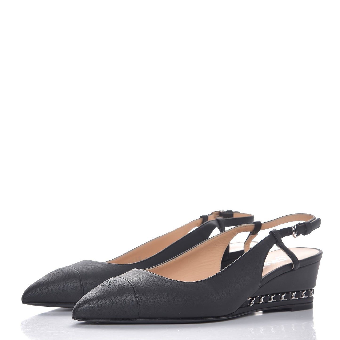 Lambskin Chain CC Cap Toe Slingback Wedge Sandals 37.5 Black