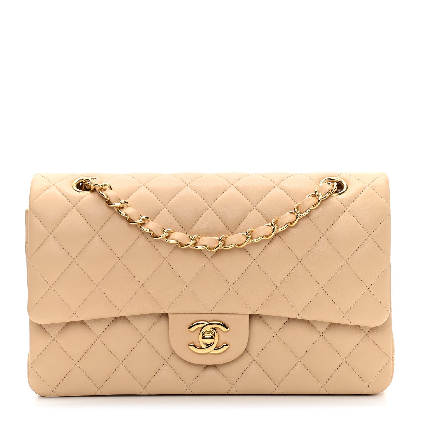 Lambskin Quilted Medium Double Flap Beige