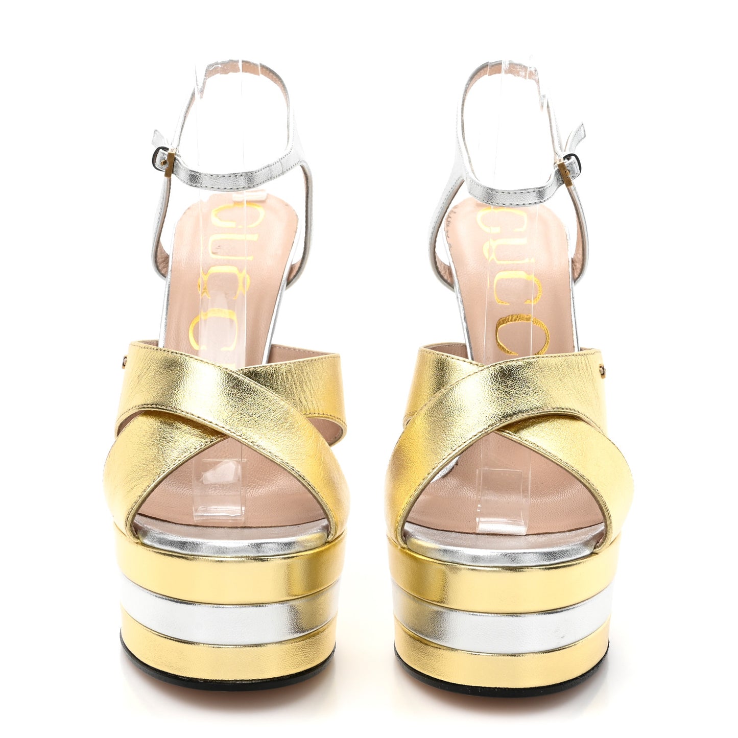Metallic Nappa Double G 40/135mm Platform Sandals 38.5 Gold Silver
