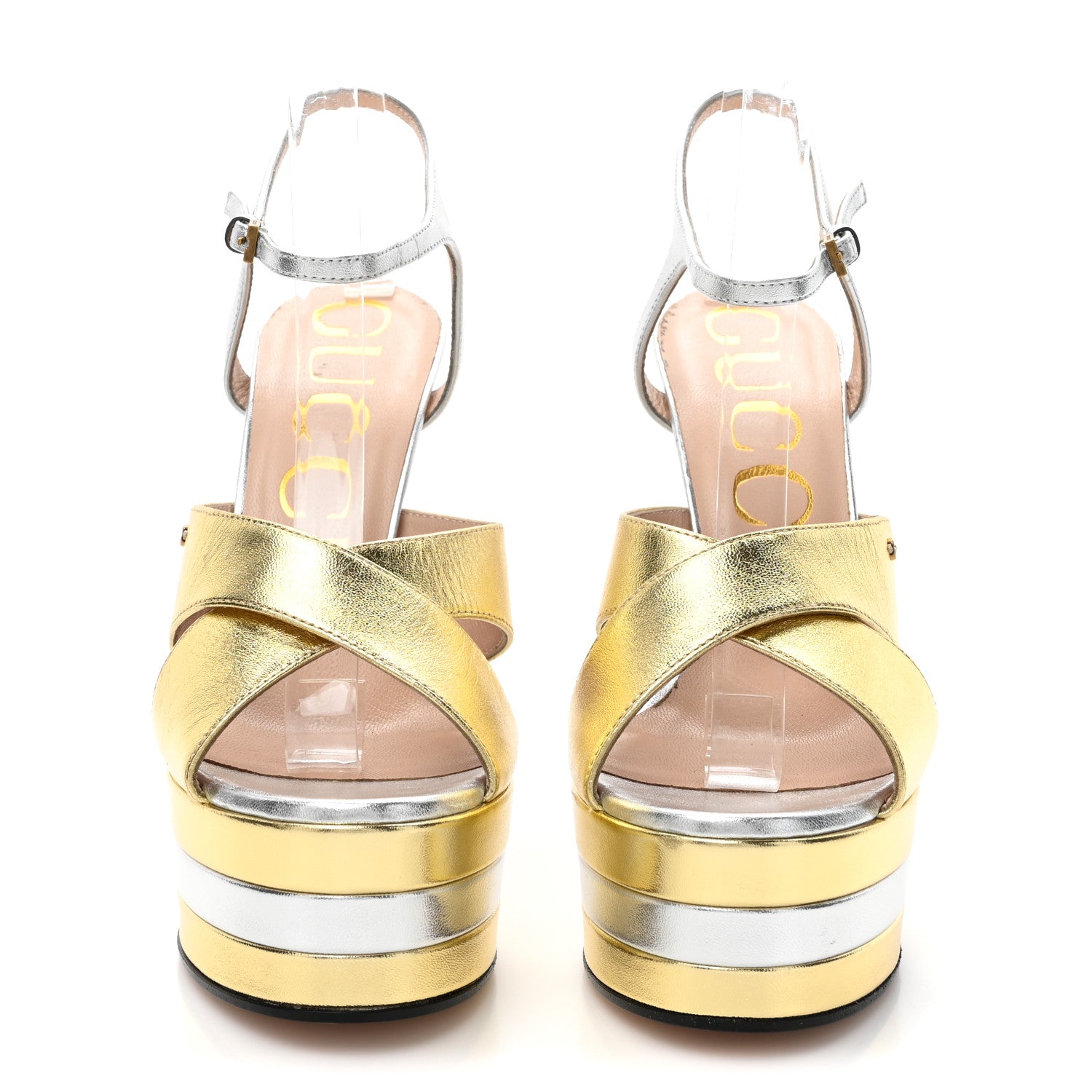 Gucci Metallic Nappa Double G 40/135mm Platform Sandals 38.5 Gold Silver 3 of 14