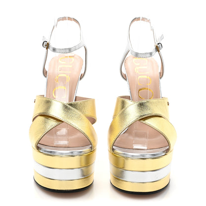 Gucci Metallic Nappa Double G 40/135mm Platform Sandals 38.5 Gold Silver 3 of 14