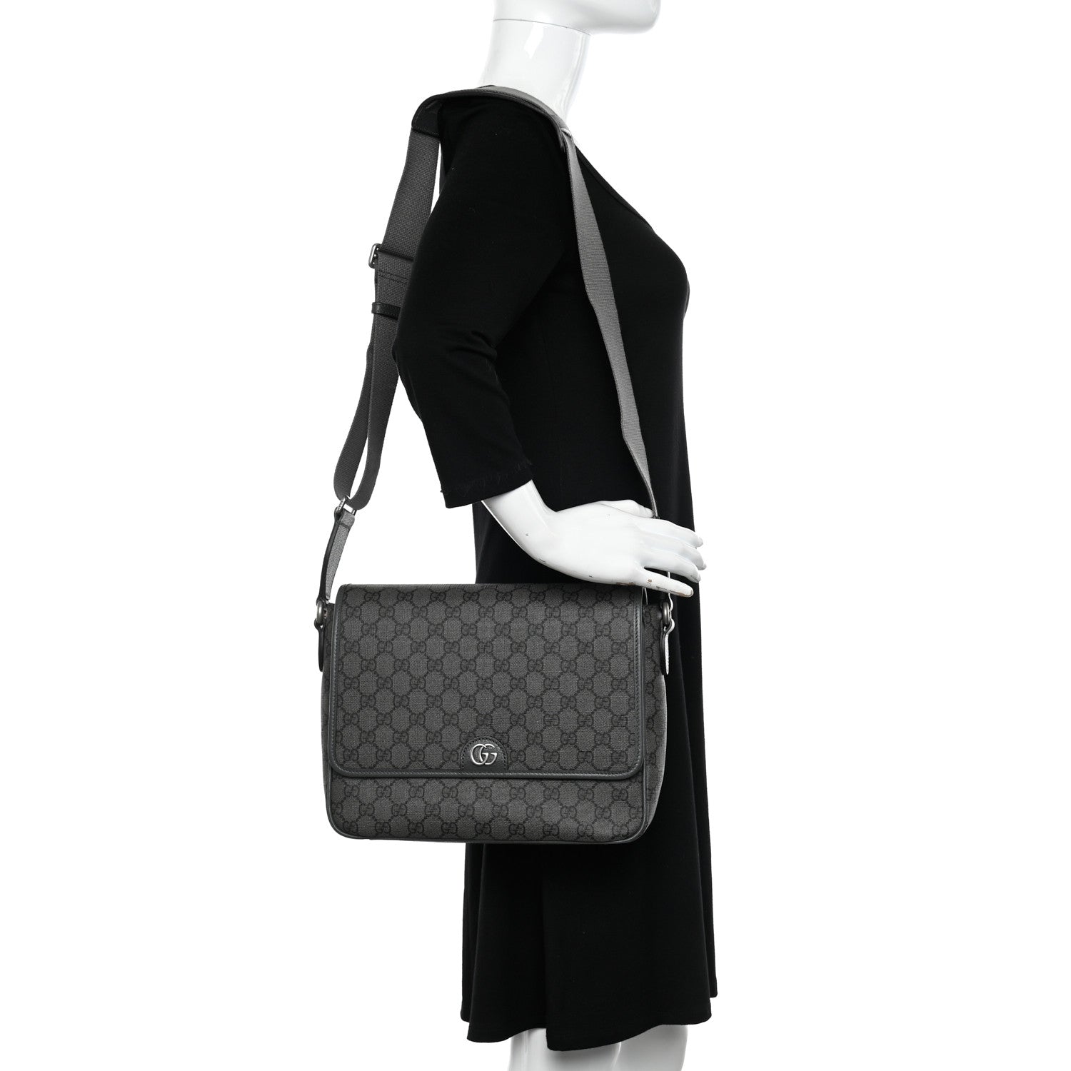 Gucci Tender GG Supreme Monogram Textured Dollar Calfskin Ophidia Messenger Bag Grey Black Graphite Grey 2 of 13