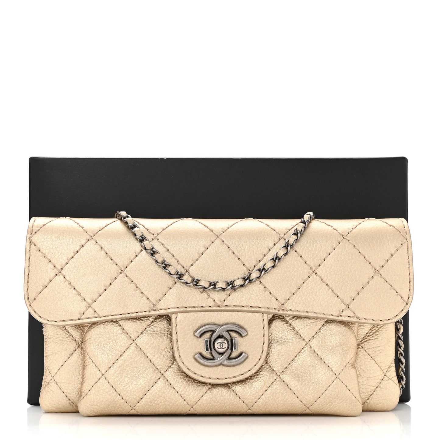 Metallic Calfskin Quilted Flap Clutch With Chain Light Gold