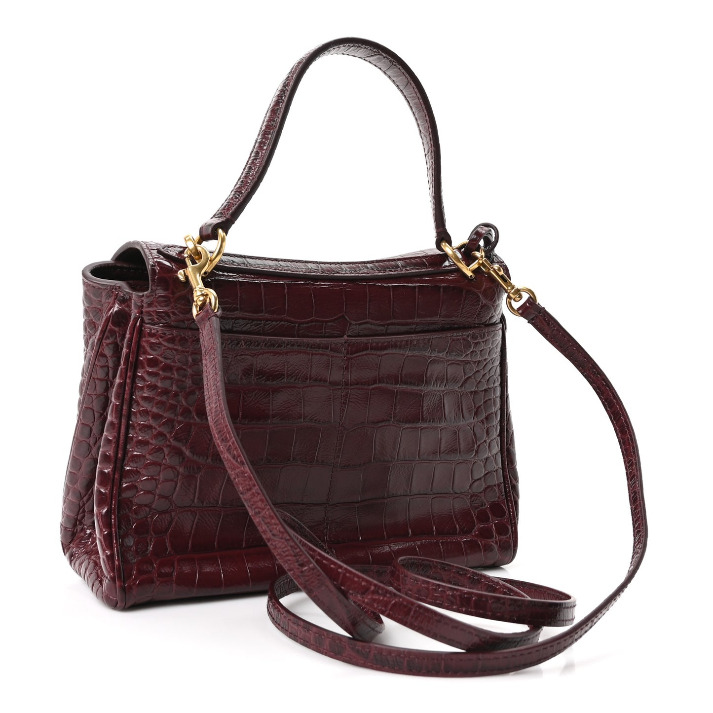 Shiny Calfskin Crocodile Embossed Mini Rodeo Top Handle Handbag Dark Burgundy