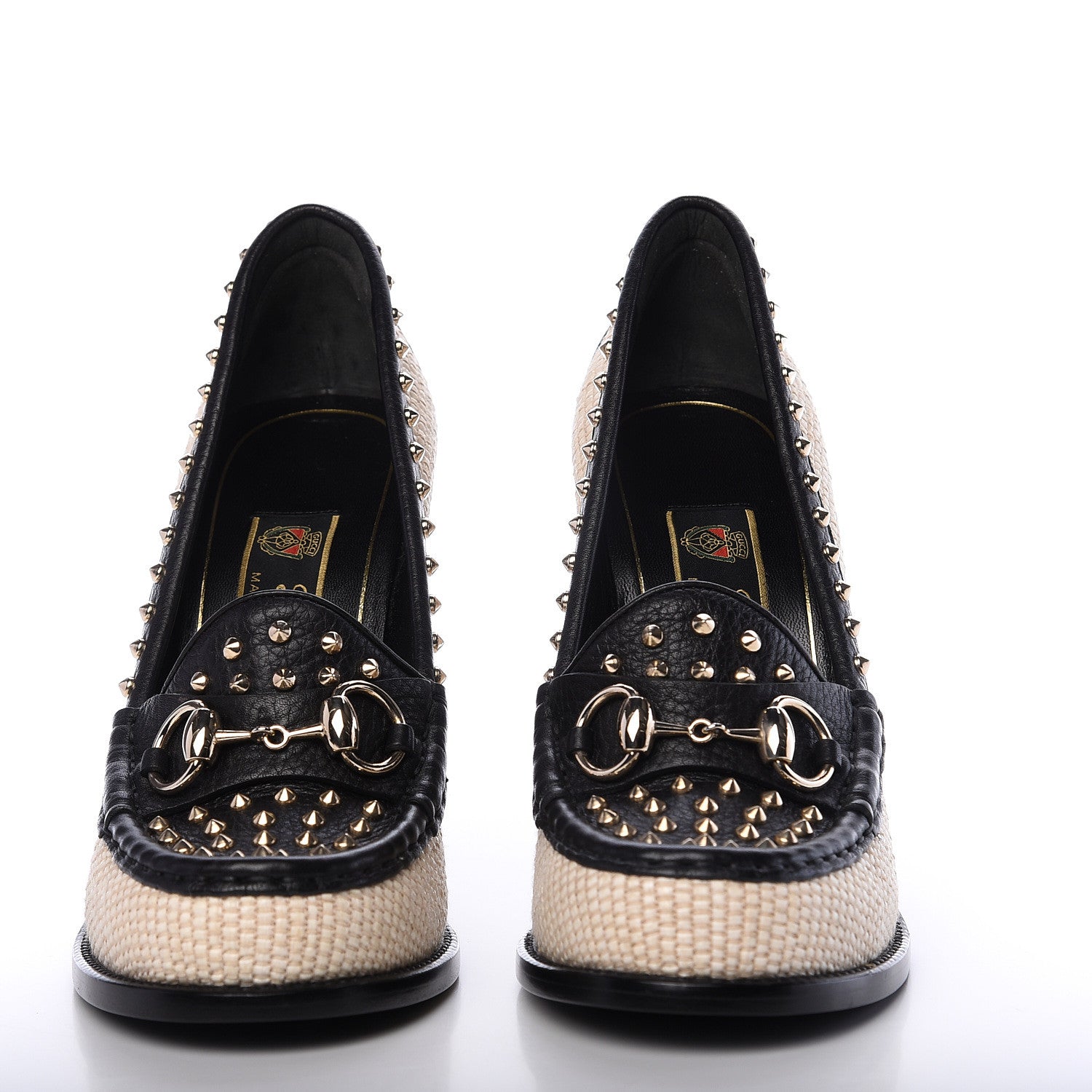 Gucci Calfskin Canvas Studded Horsebit Alyssa Pumps 38 Black Ivory 3 of 11