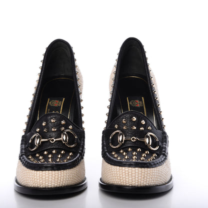 Gucci Calfskin Canvas Studded Horsebit Alyssa Pumps 38 Black Ivory 3 of 11