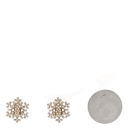 Chanel Crystal Pearl CC Snowflake Earrings Gold 2 of 4