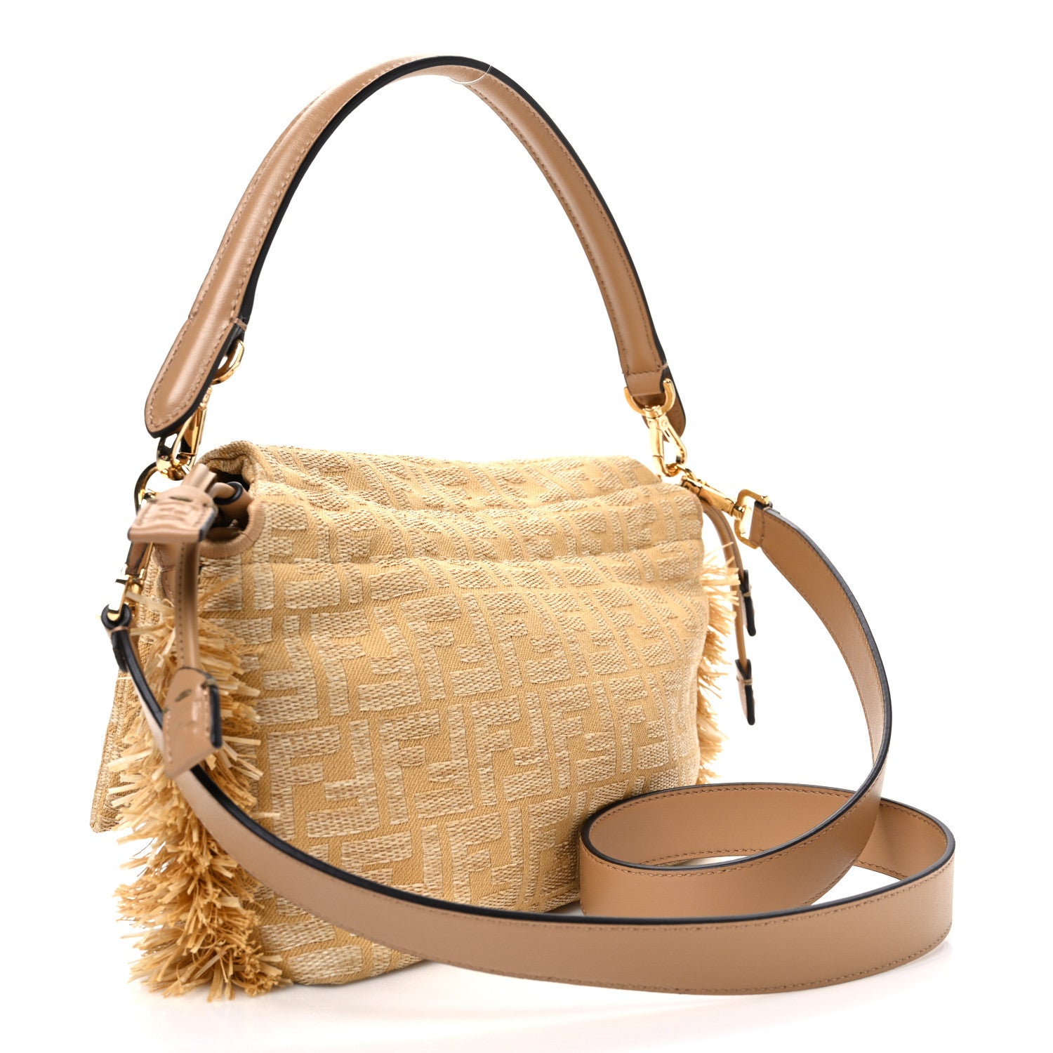 Fendi Fabric Jacquard Raffia Straw Fringe Medium Mamma Baguette