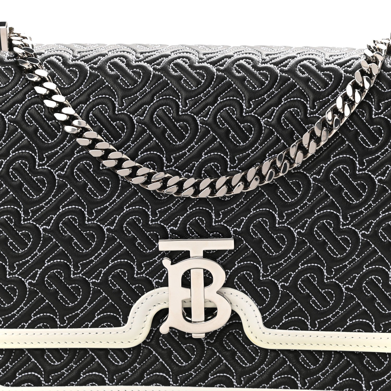 Burberry Calfskin Monogram Embossed Medium TB Chain Bag Black White 7 of 9