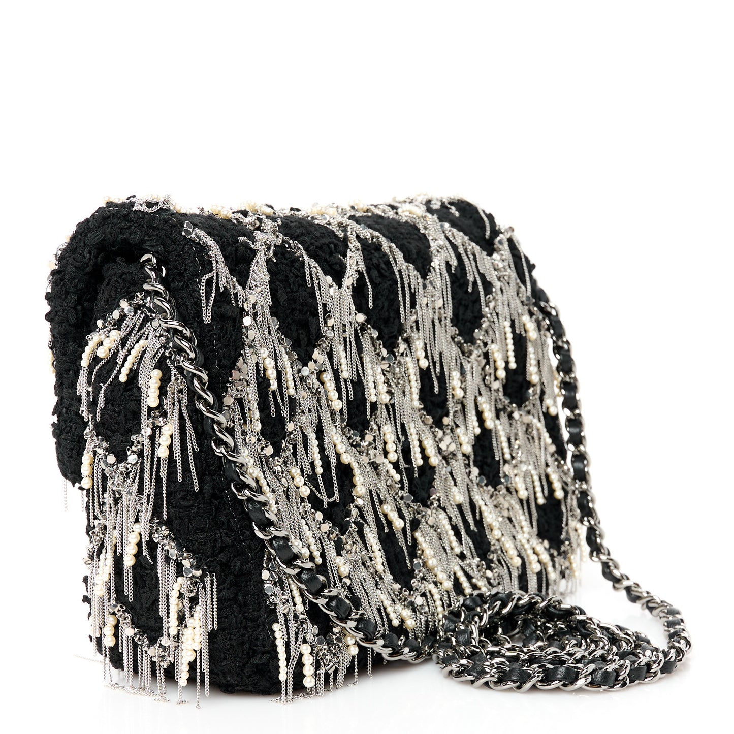 Tweed Quilted Pearl Fringe Quilted Mini Flap Bag Black Silver