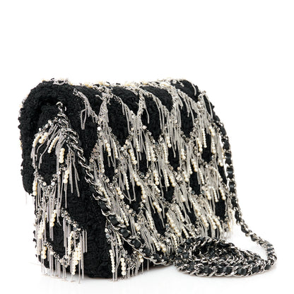 Chanel Tweed Quilted Pearl Fringe Quilted Mini Flap Bag Black Silver 3 of 11