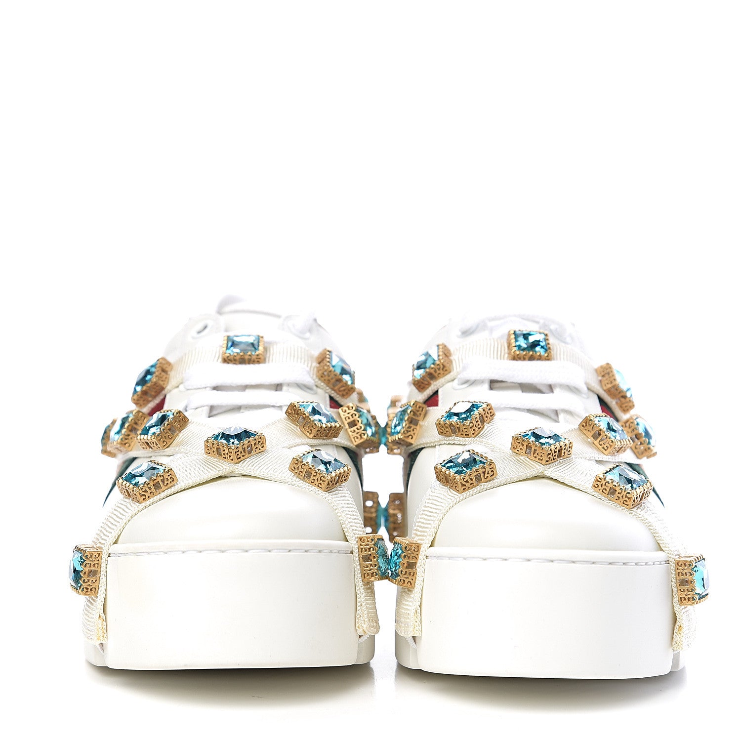 Gucci Calfskin Removable Crystals Bee Embroidered Ace Platform Sneakers 37.5 White 2 of 11