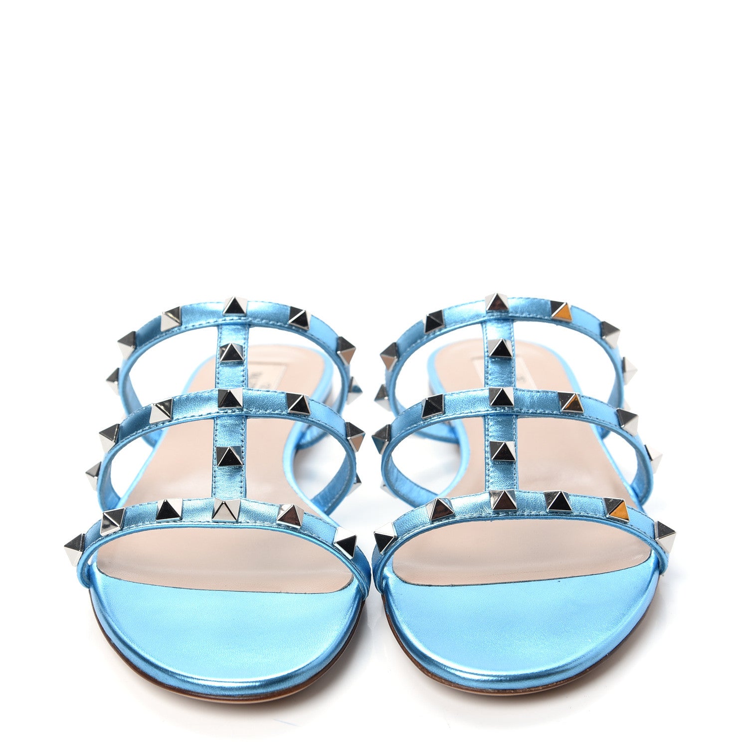 Valentino Garavani Metallic Nappa Rockstud Caged Flat Slide Sandals 38.5 Cerulean 2 of 11