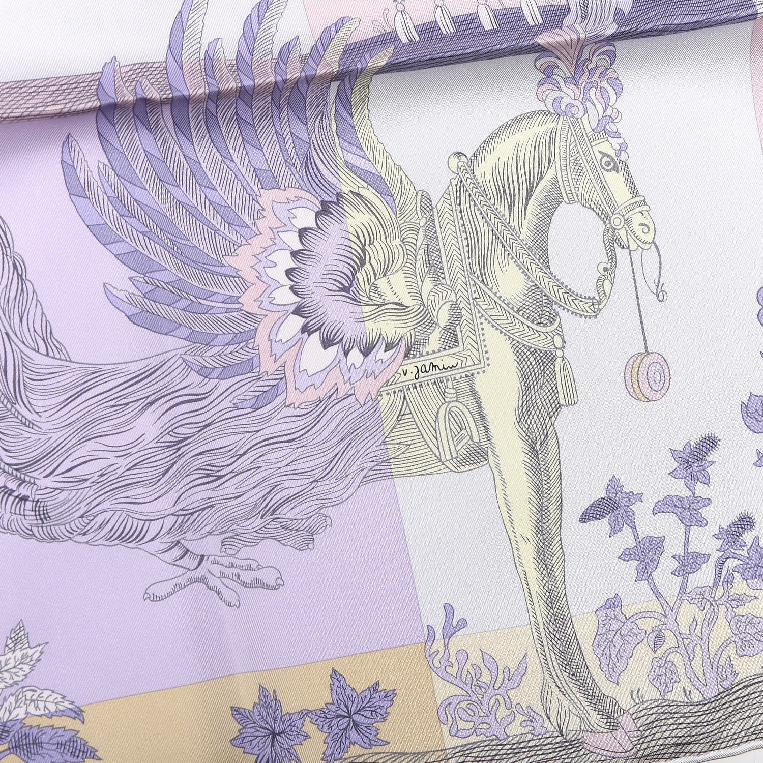 Hermes Silk Della Cavalleria Favolosa Scarf 90 Parme Gris Perle Jaune Soufre 3 of 3