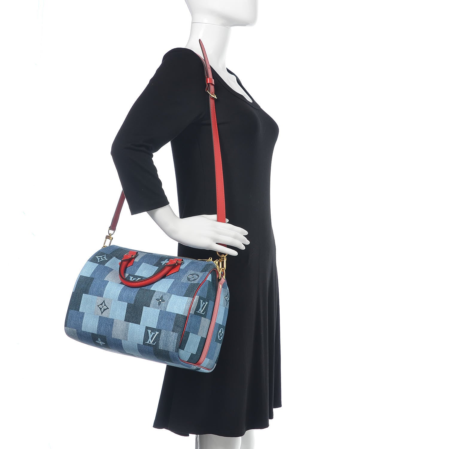 Louis Vuitton Denim Damier Monogram Patchwork Speedy Bandouliere 30 Blue Rouge 2 of 9
