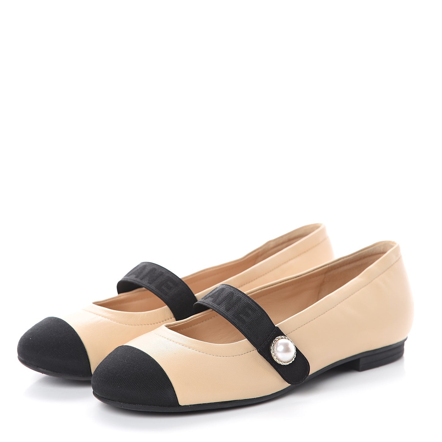 Lambskin Grosgrain Pearl Ballerina Flats 35 Beige Black