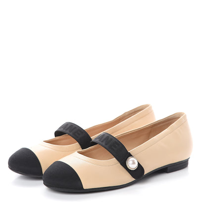 Chanel Lambskin Grosgrain Pearl Ballerina Flats 35 Beige Black 3 of 7
