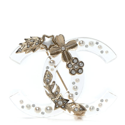 Chanel Resin Pearl Crystal CC Brooch Transparent Gold 1 of 4