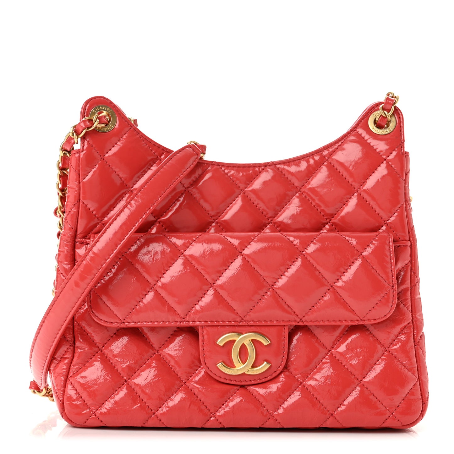 Shiny Crumpled Calfskin Quilted Wavy CC Hobo Red