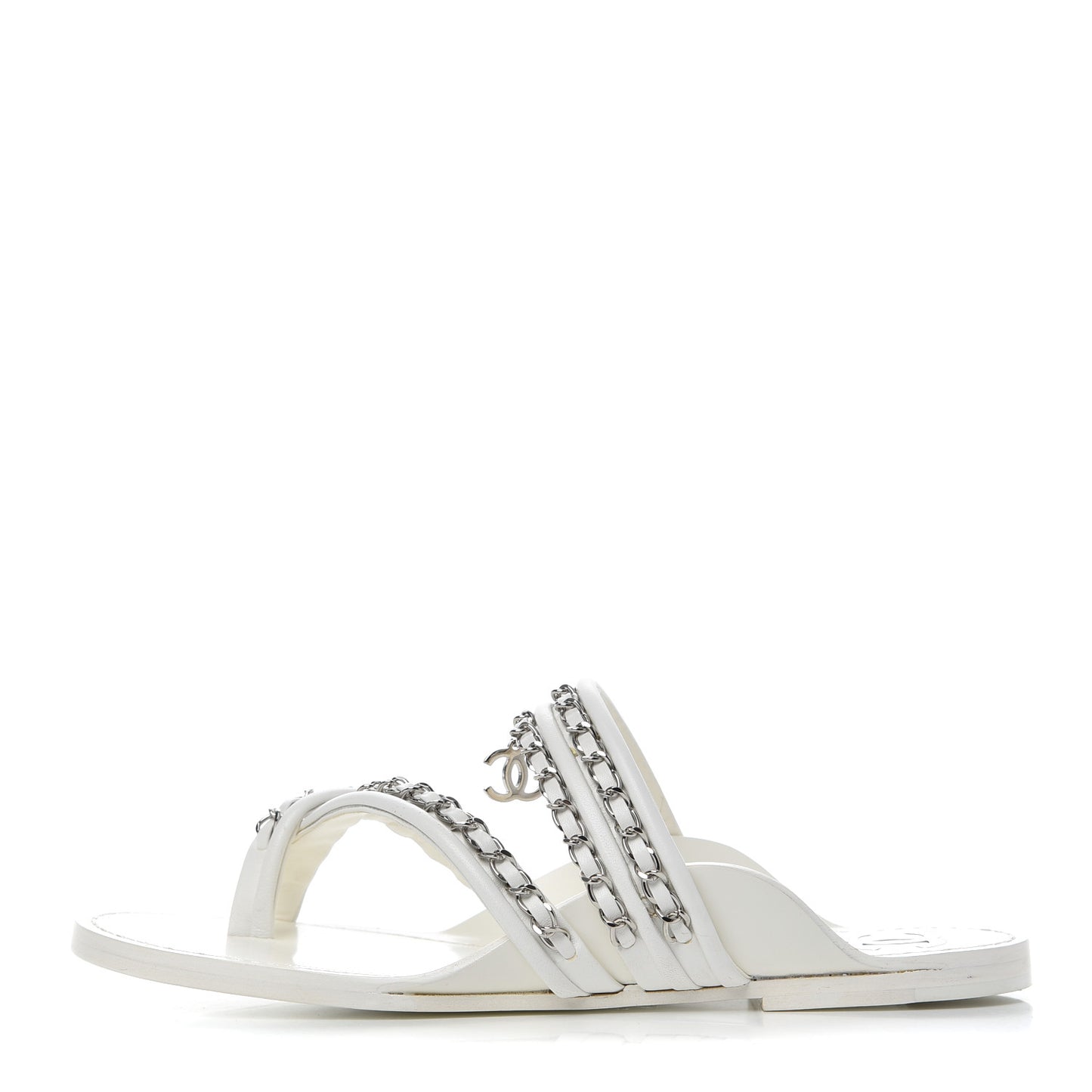 Calfskin Chain CC Thong Flat Sandals 41 White