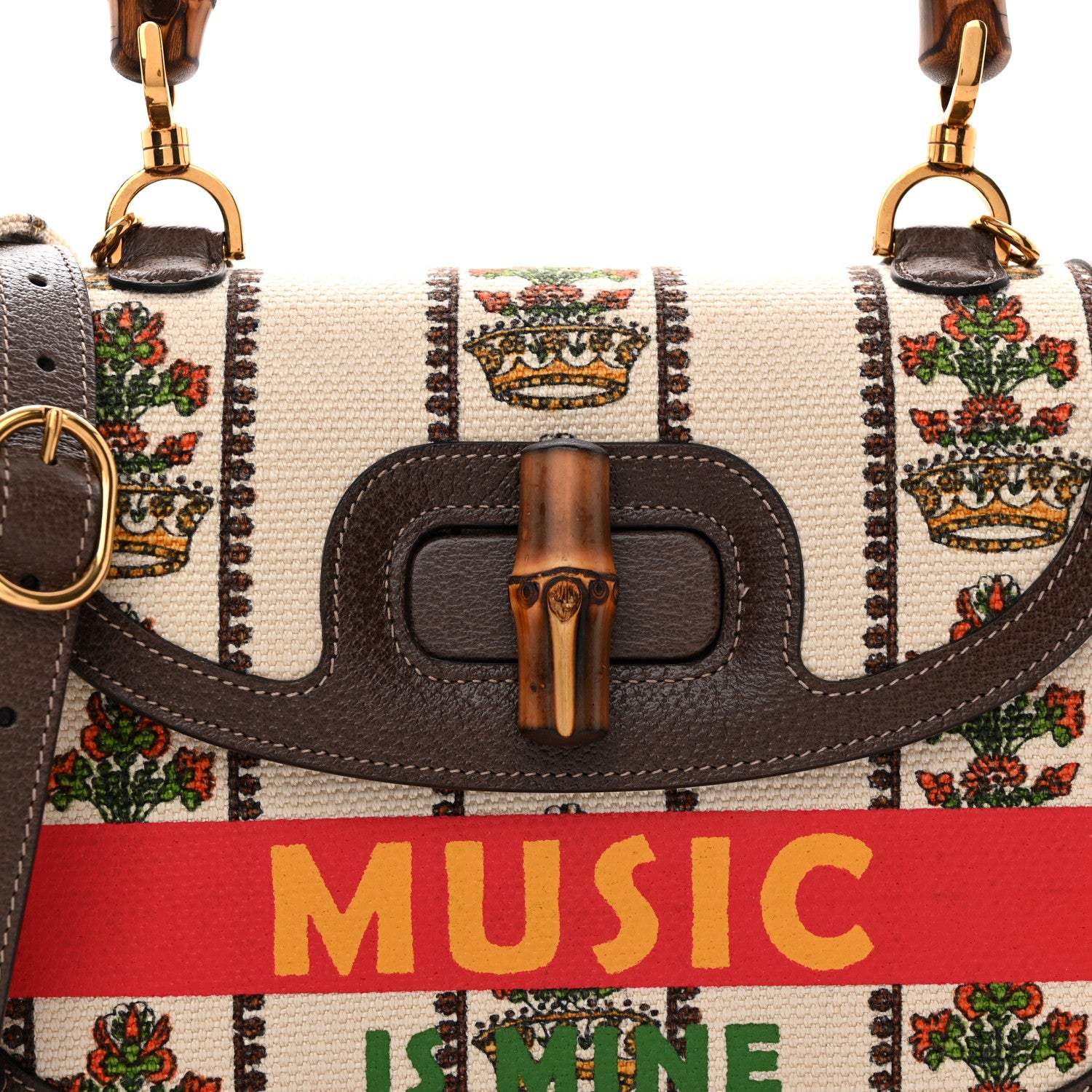 Gucci Canvas Calfskin 100 Centennial Music Medium Bamboo 1947 Top Handle Bag Multicolor 8 of 11