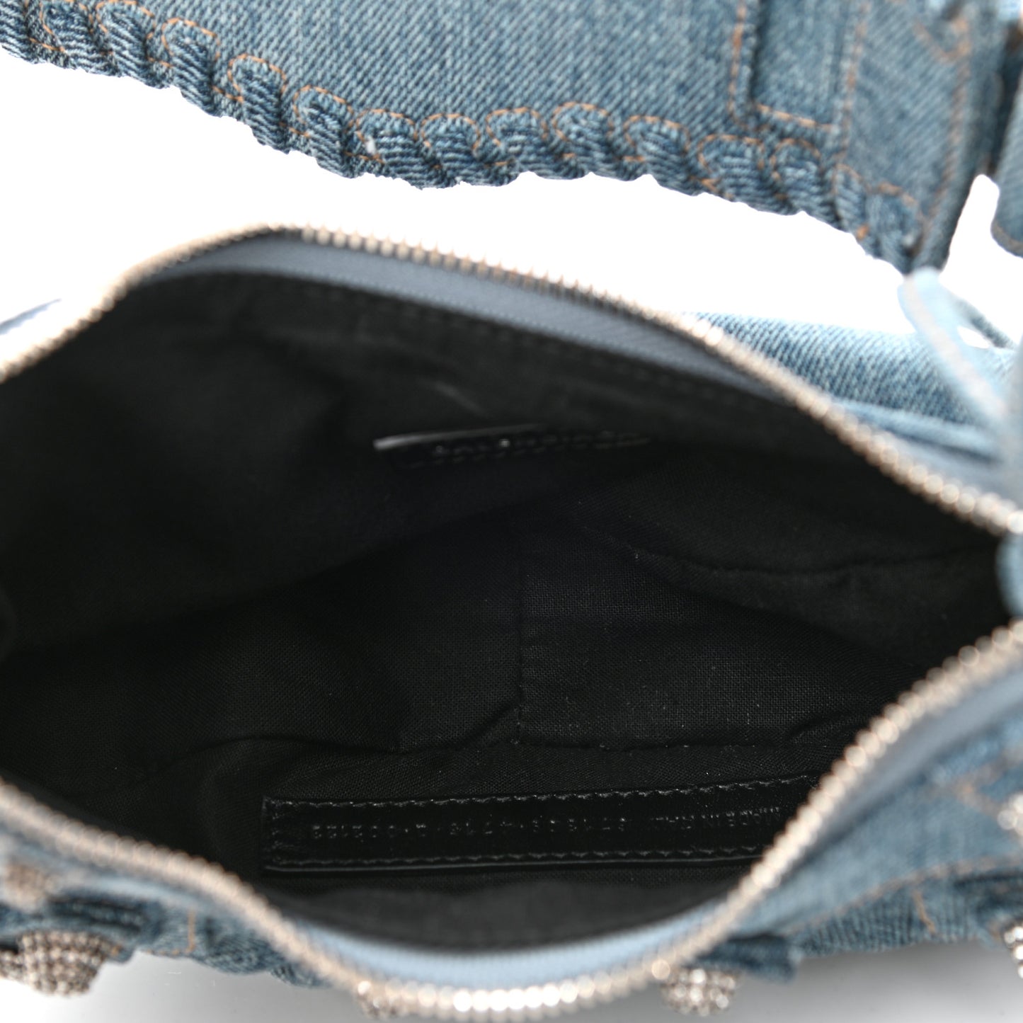 Washed Frayed Denim Crystal Le Cagole Shoulder Bag XS Blue