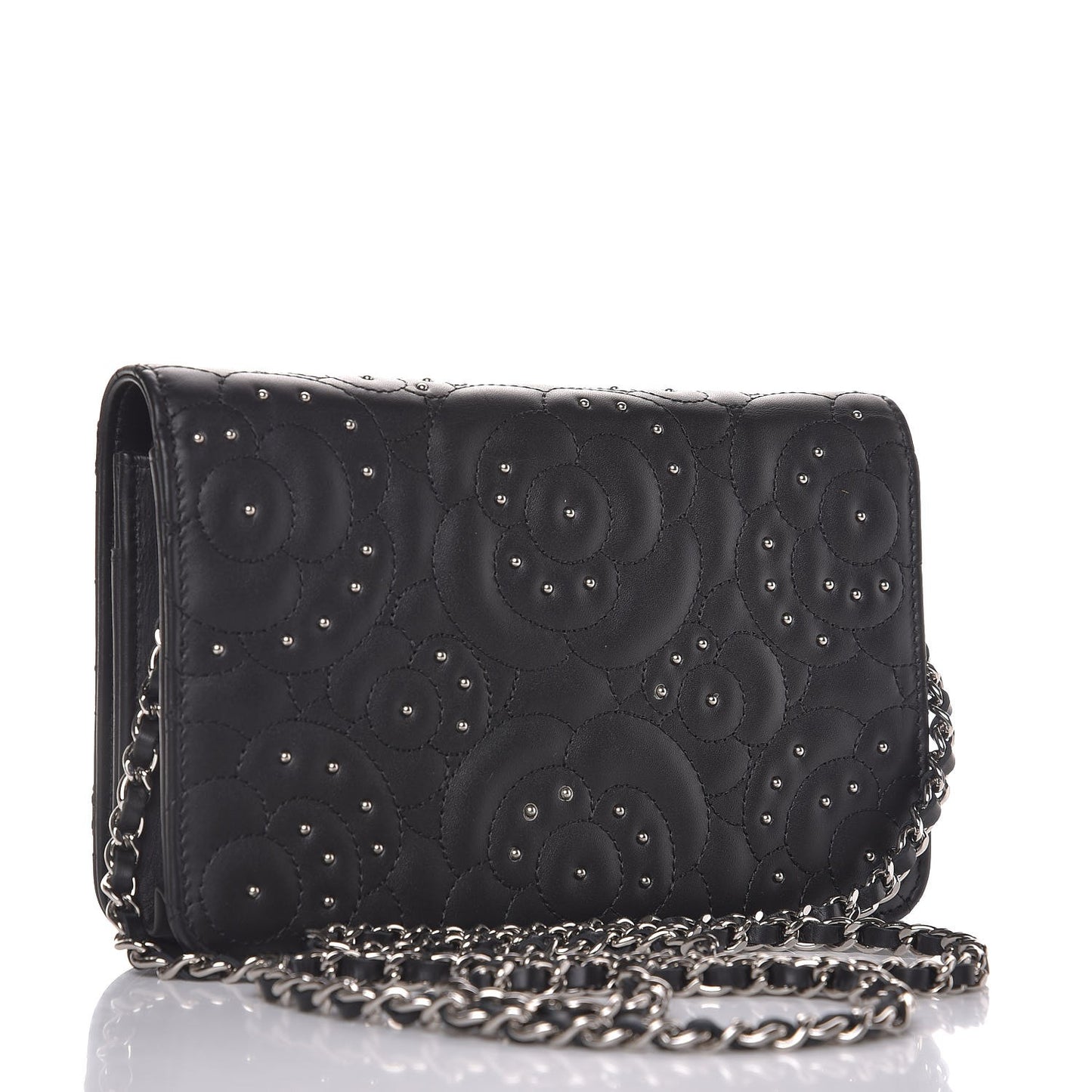 Lambskin Camellia Studded Wallet on Chain WOC Black