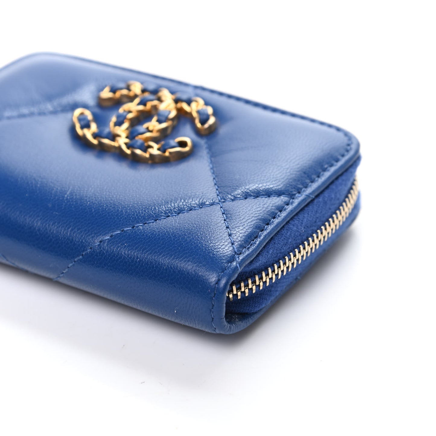 Goatskin Quilted Chanel 19 Zip Around Coin Purse Wallet Blue
