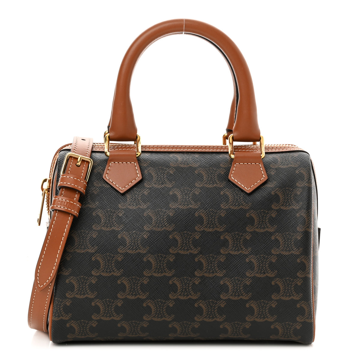 Triomphe Canvas Calfskin Small Boston Bag Tan