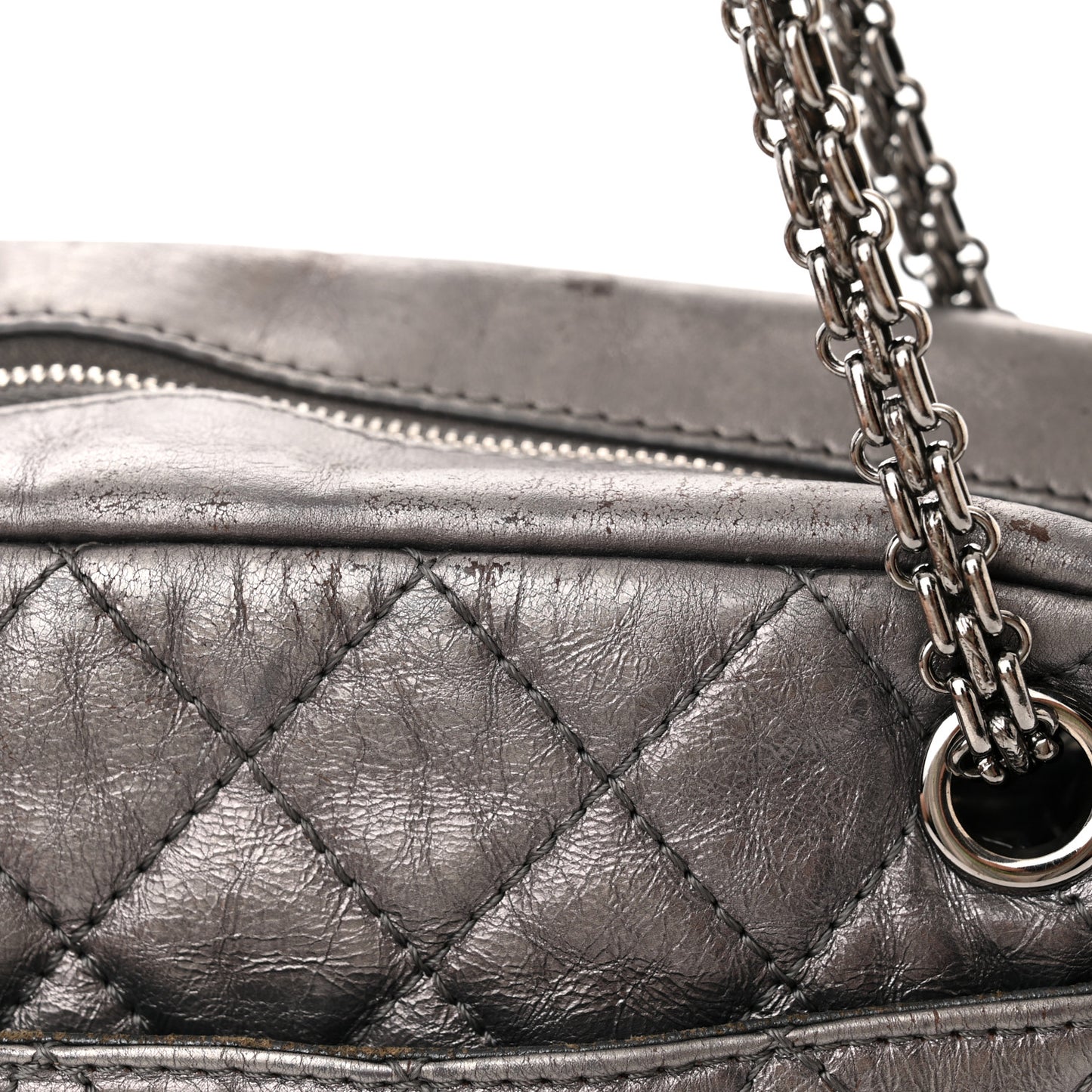 Metallic Aged Calfskin Quilted Medium Reissue Camera Case Dark Silver