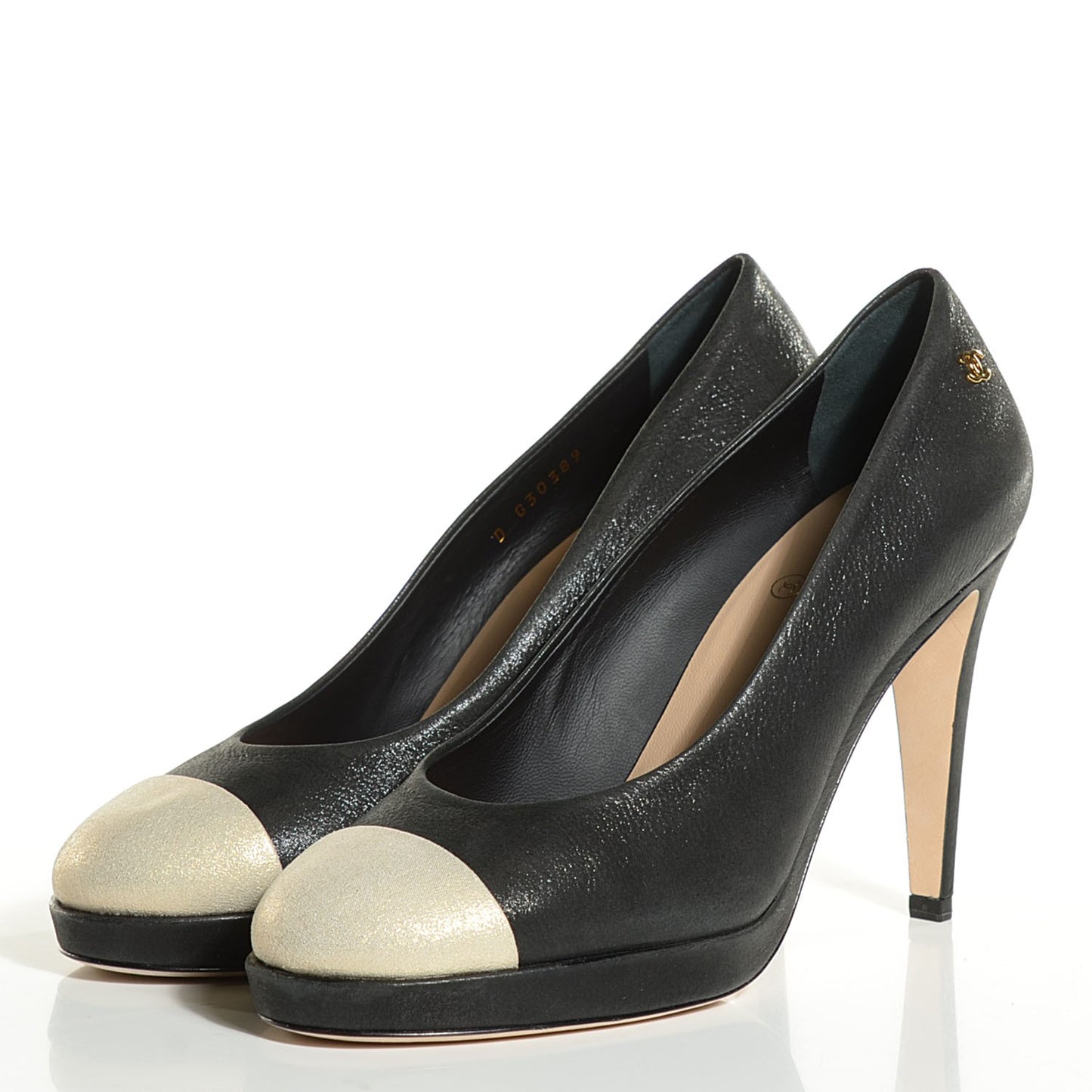 Metallic Calfskin Buffalo Cap Toe Pumps 39 Silver Black