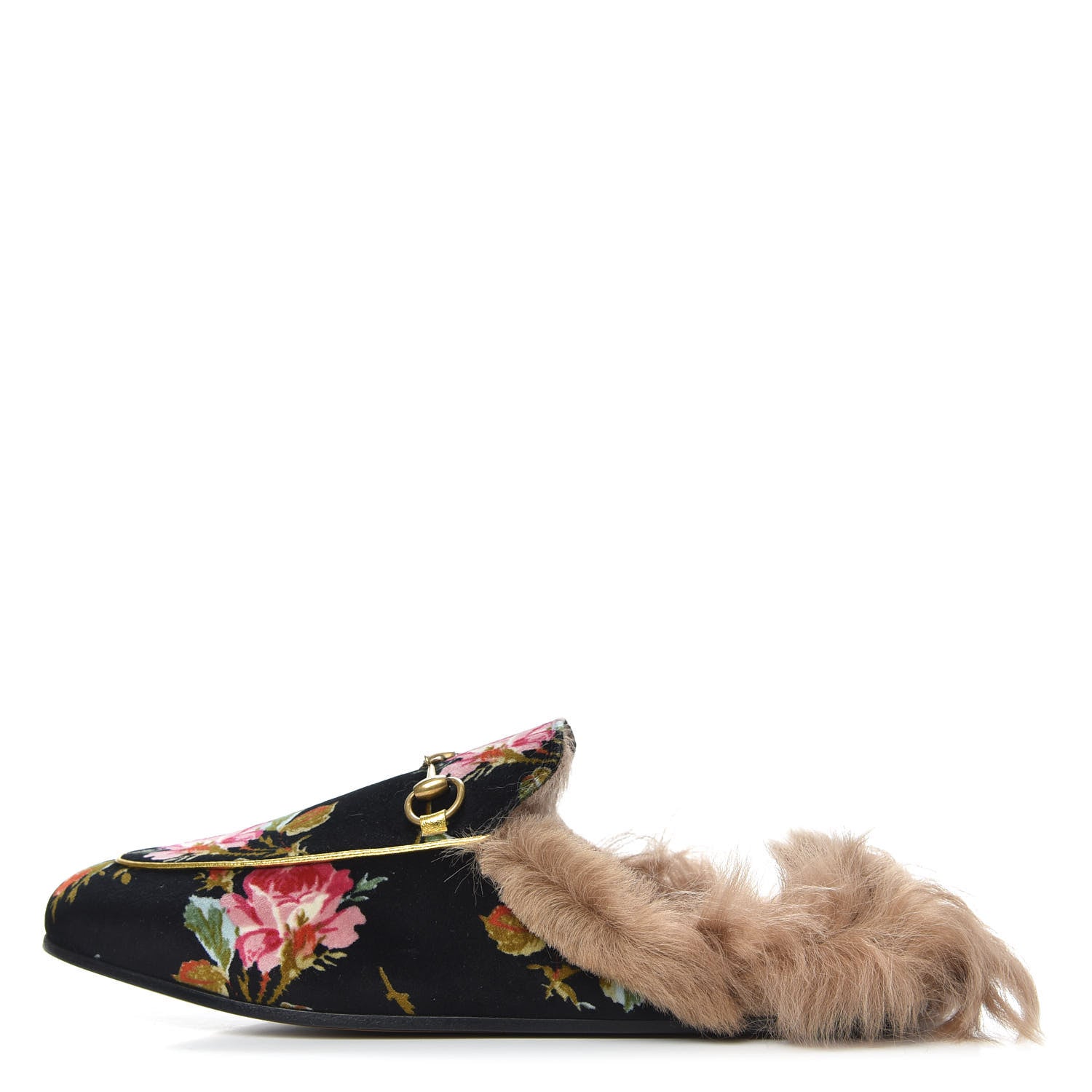 Gucci Velvet Fur Floral Womens Princetown Slippers 39.5 Black 1 of 8