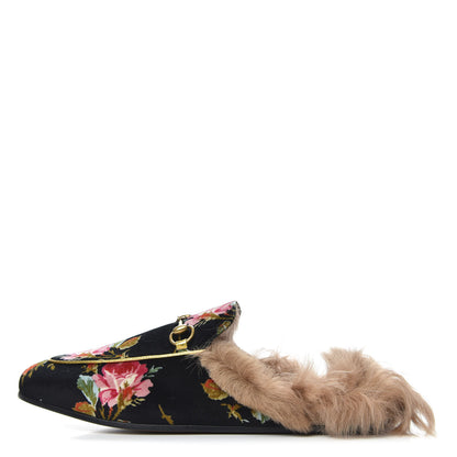Gucci Velvet Fur Floral Womens Princetown Slippers 39.5 Black 1 of 8