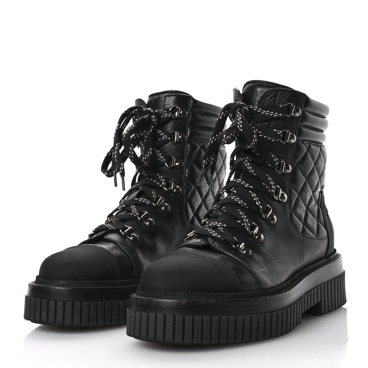 Calfskin Grosgrain Quilted Lace Up Boots 38 Black Grey