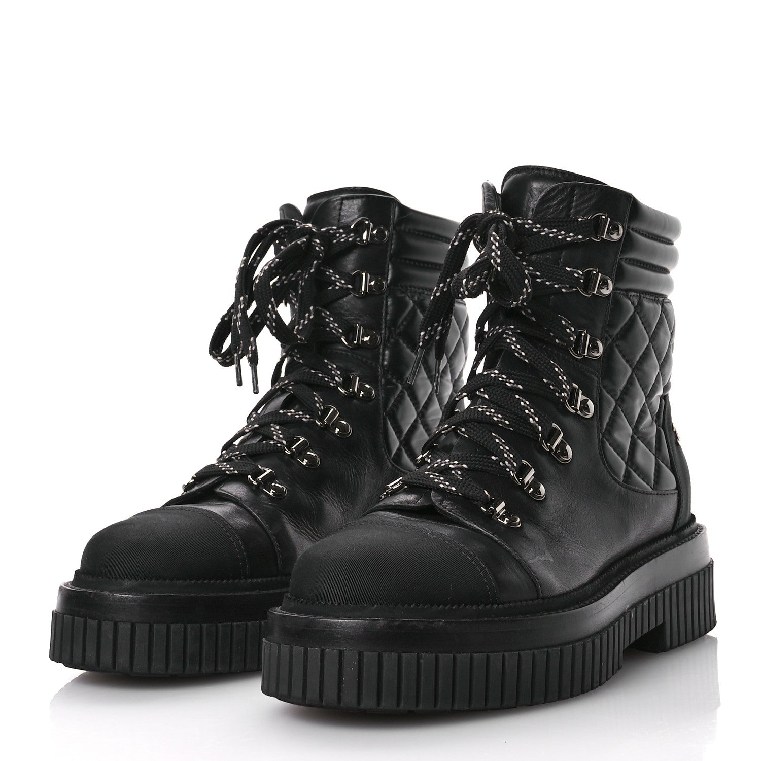 Chanel Calfskin Grosgrain Quilted Lace Up Boots 38 Black Grey 4 of 9