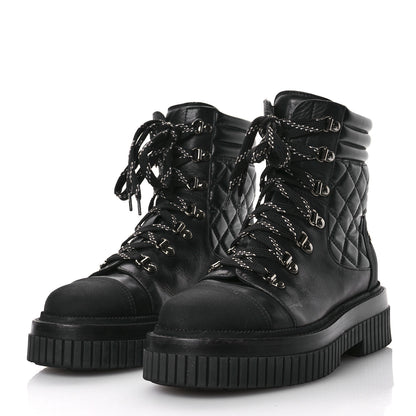 Chanel Calfskin Grosgrain Quilted Lace Up Boots 38 Black Grey 4 of 9