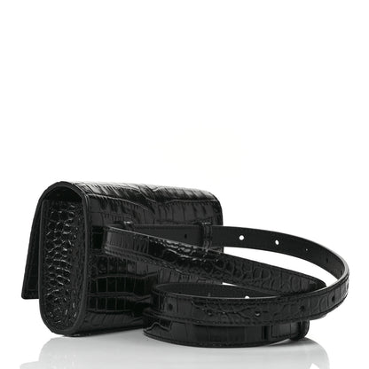 Saint Laurent Calfskin Crocodile Embossed Monogram Kate Belt Bag Black 3 of 8