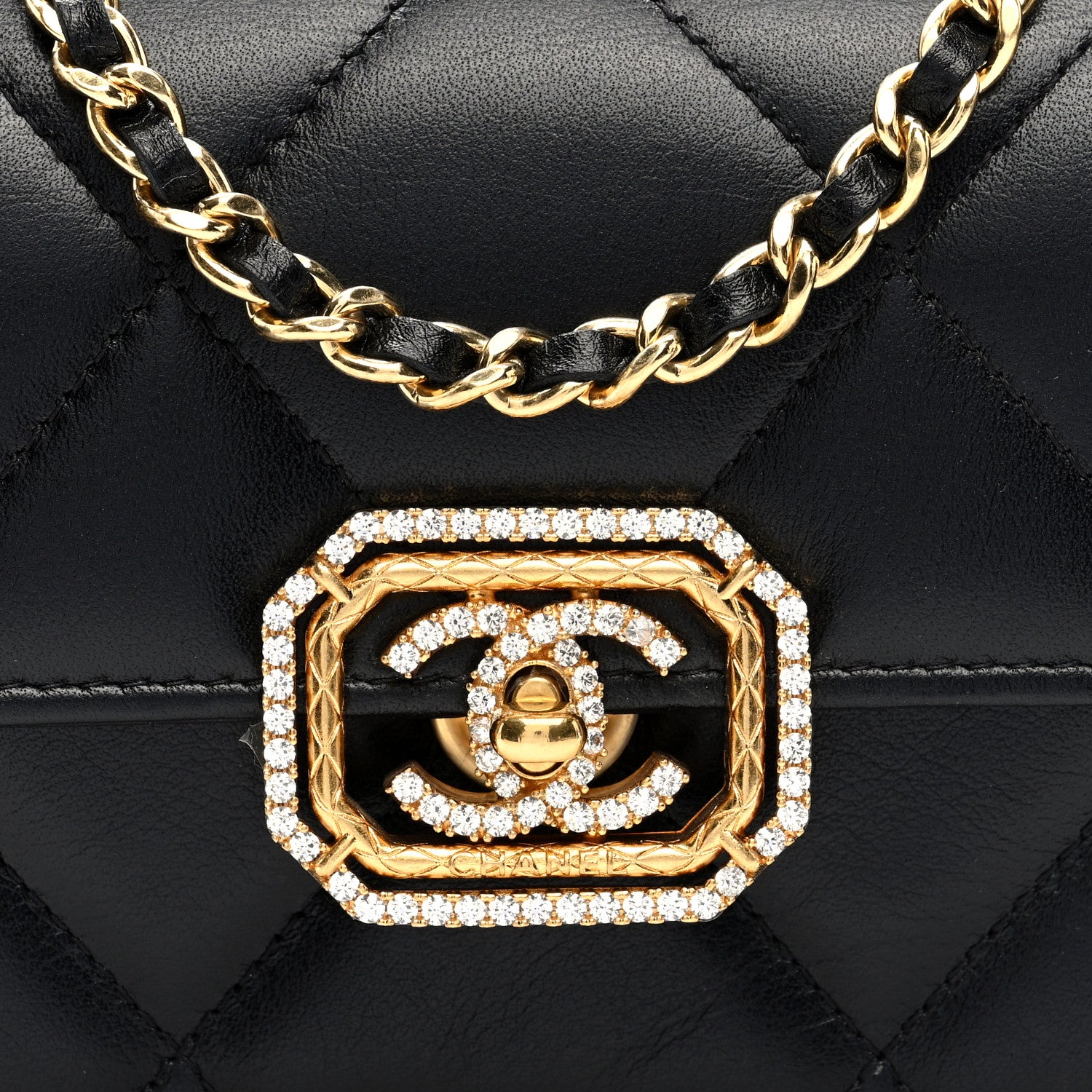 Chanel Calfskin Strass Quilted Clutch With Chain Flap Black