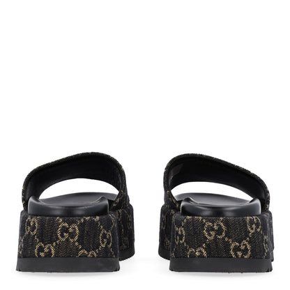 Gucci Jacquard Black Denim GG Monogram Angelina Platform 55mm Slide Sandals 37 Black Ivory 6 of 10